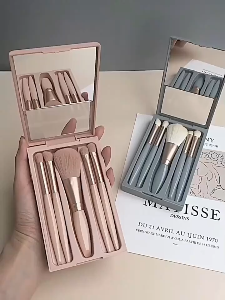 5 PCs Makeup Brushes With Mirror Travel Set
