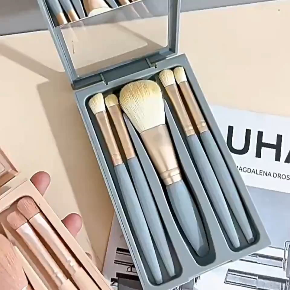 5 PCs Makeup Brushes With Mirror Travel Set